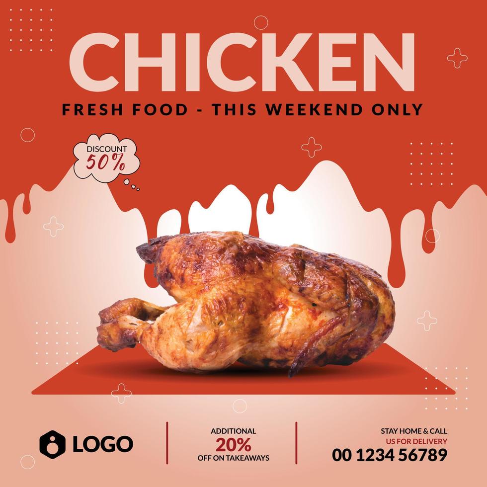 plantilla de diseño de publicación de banner de promoción de redes sociales de menú de comida de restaurante y pollo súper delicioso vector