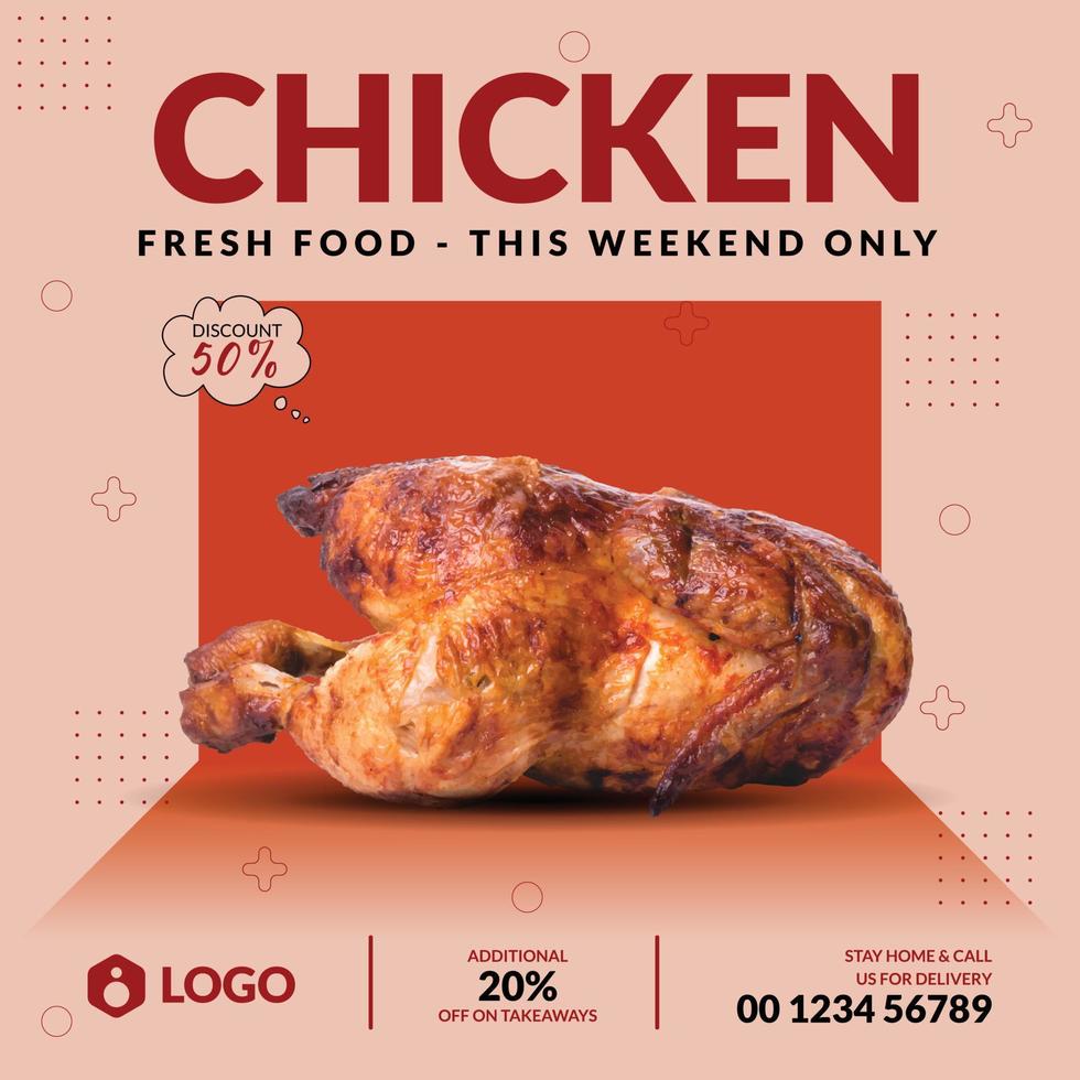 plantilla de diseño de publicación de banner de promoción de redes sociales de menú de comida de restaurante y pollo súper delicioso vector