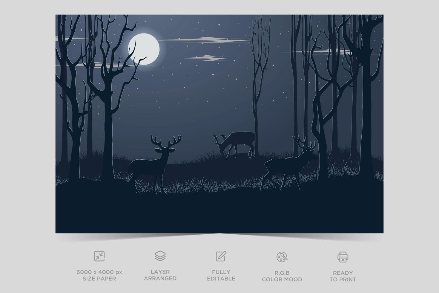 Mid night landscape colorful nature scene flat design background template vector illustration