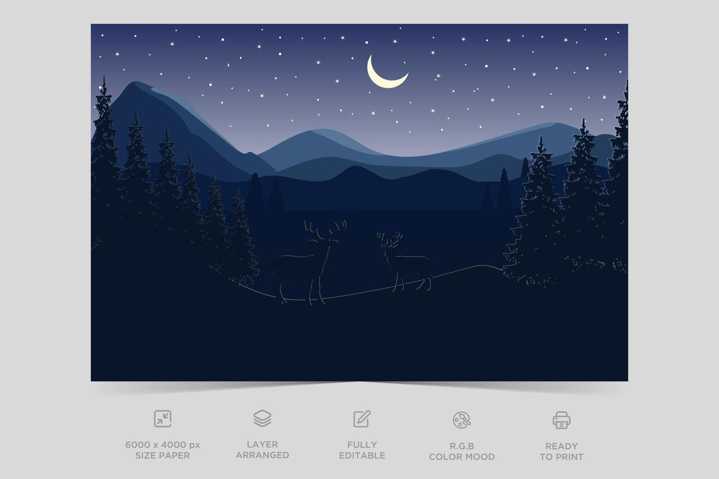 ilustración de vector de plantilla de fondo de diseño plano de escena de naturaleza colorida de paisaje de media noche