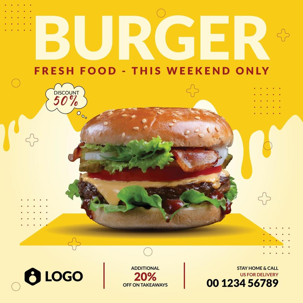 Super delicious burger and restaurant food menu social media promotion banner post design template vector