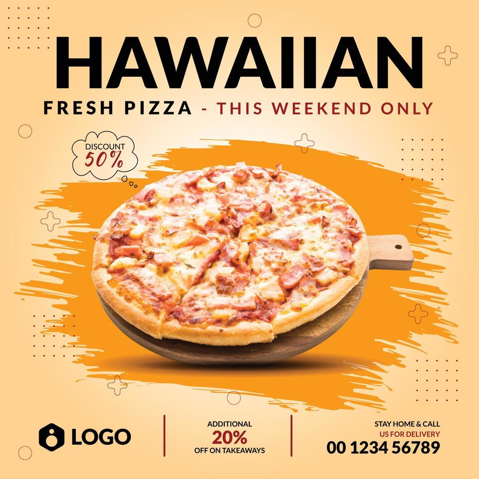 plantilla de diseño de publicación de banner de promoción de redes sociales de menú de comida de restaurante y pizza súper deliciosa vector