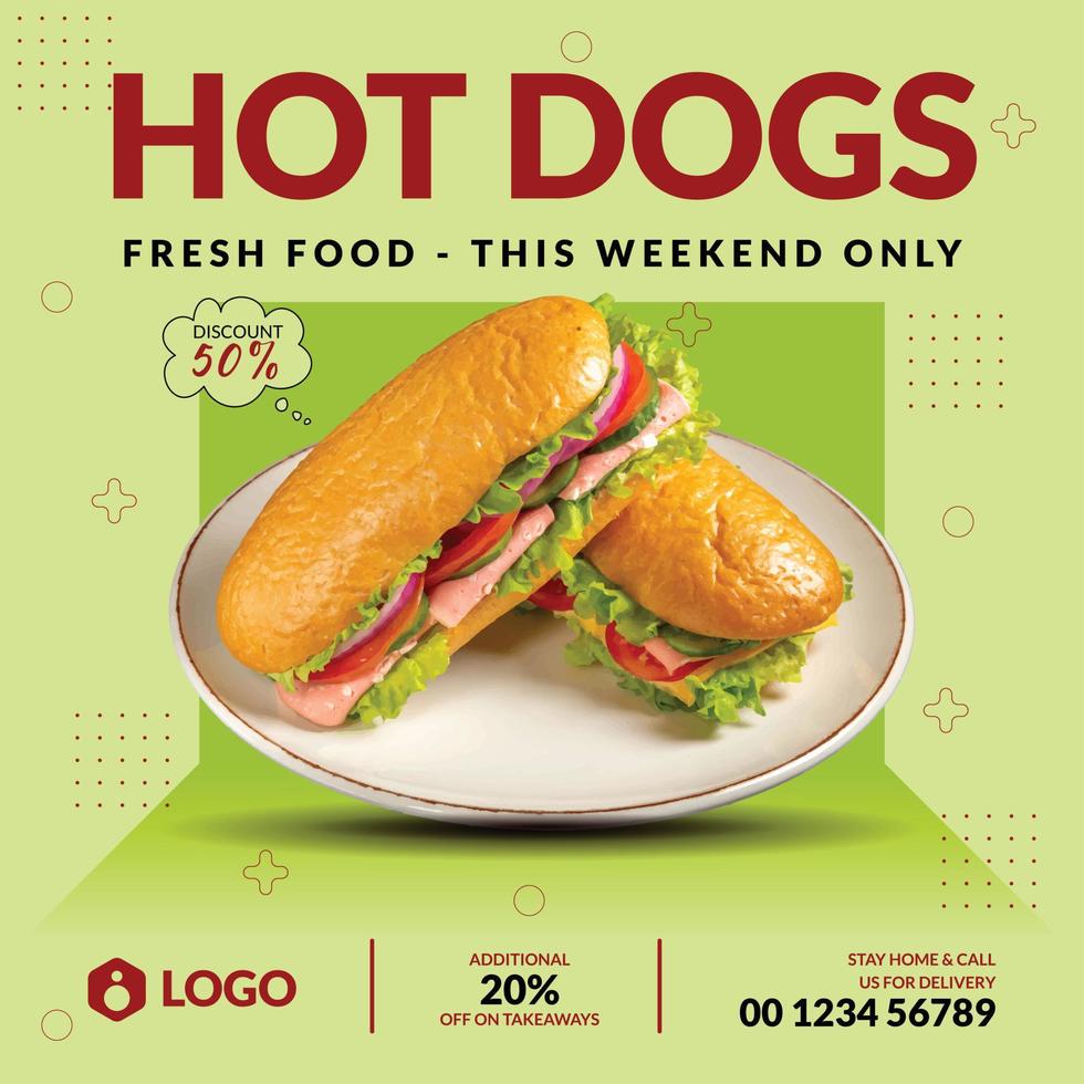 Super delicious hot dogs and restaurant food menu social media promotion banner post design template vector