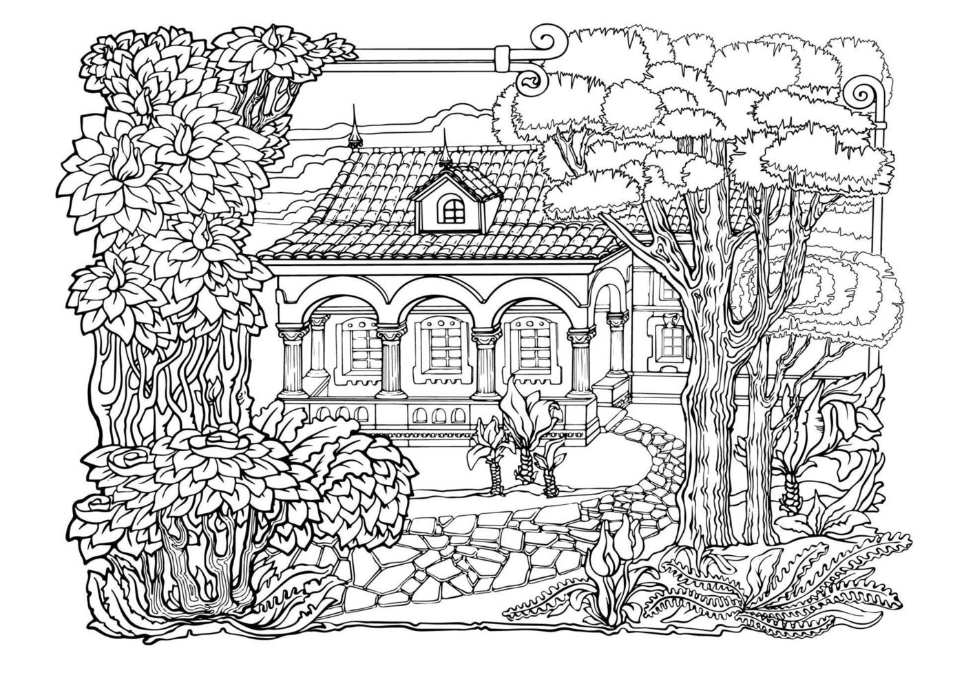 Romantic old town. Coloring Pages. Antistress colouring page. Vector