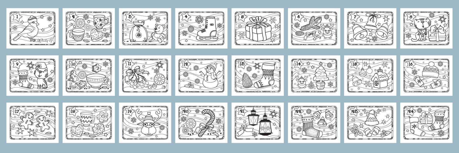 Christmas advent calendar. Set of coloring pages for kids. Vector. vector