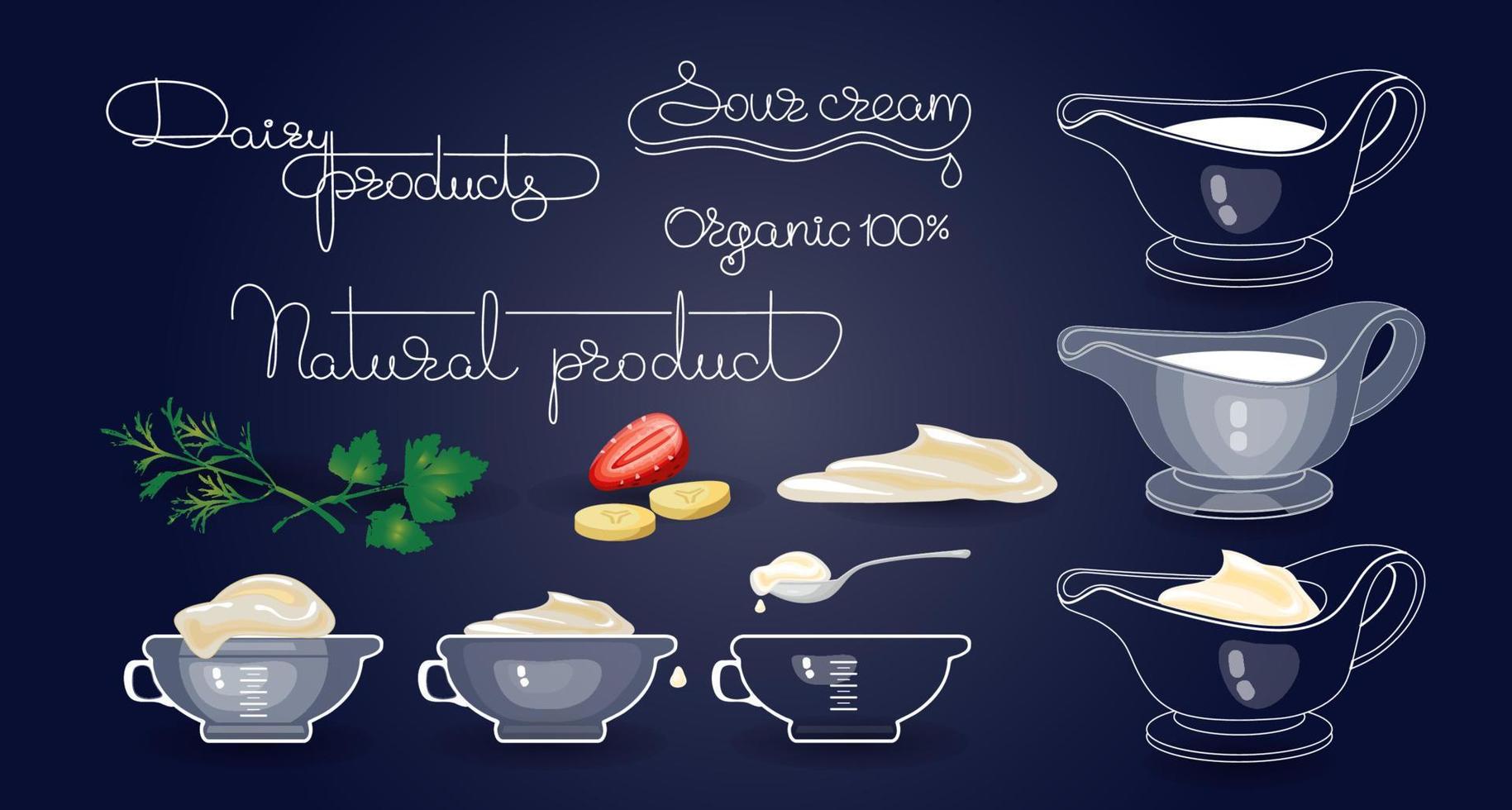 productos lácteos, frutas, utensilios de cocina y palabras escritas a mano. ilustración vectorial vector