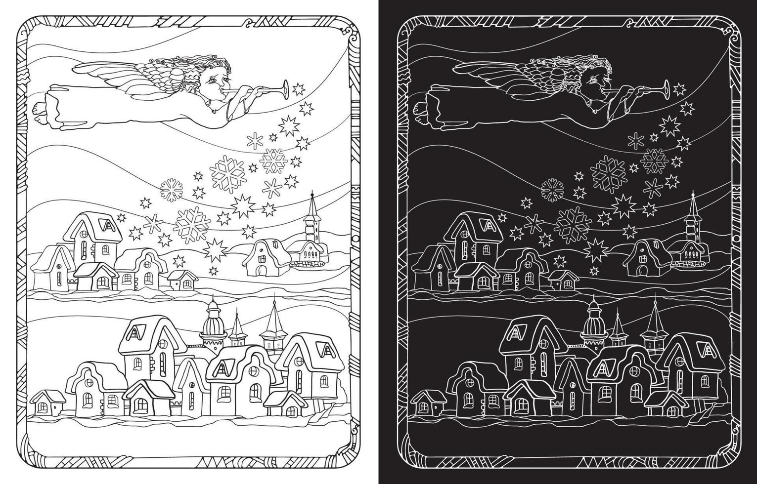 PrintColoring Page with Christmas town and magic angel. Vector illustration.