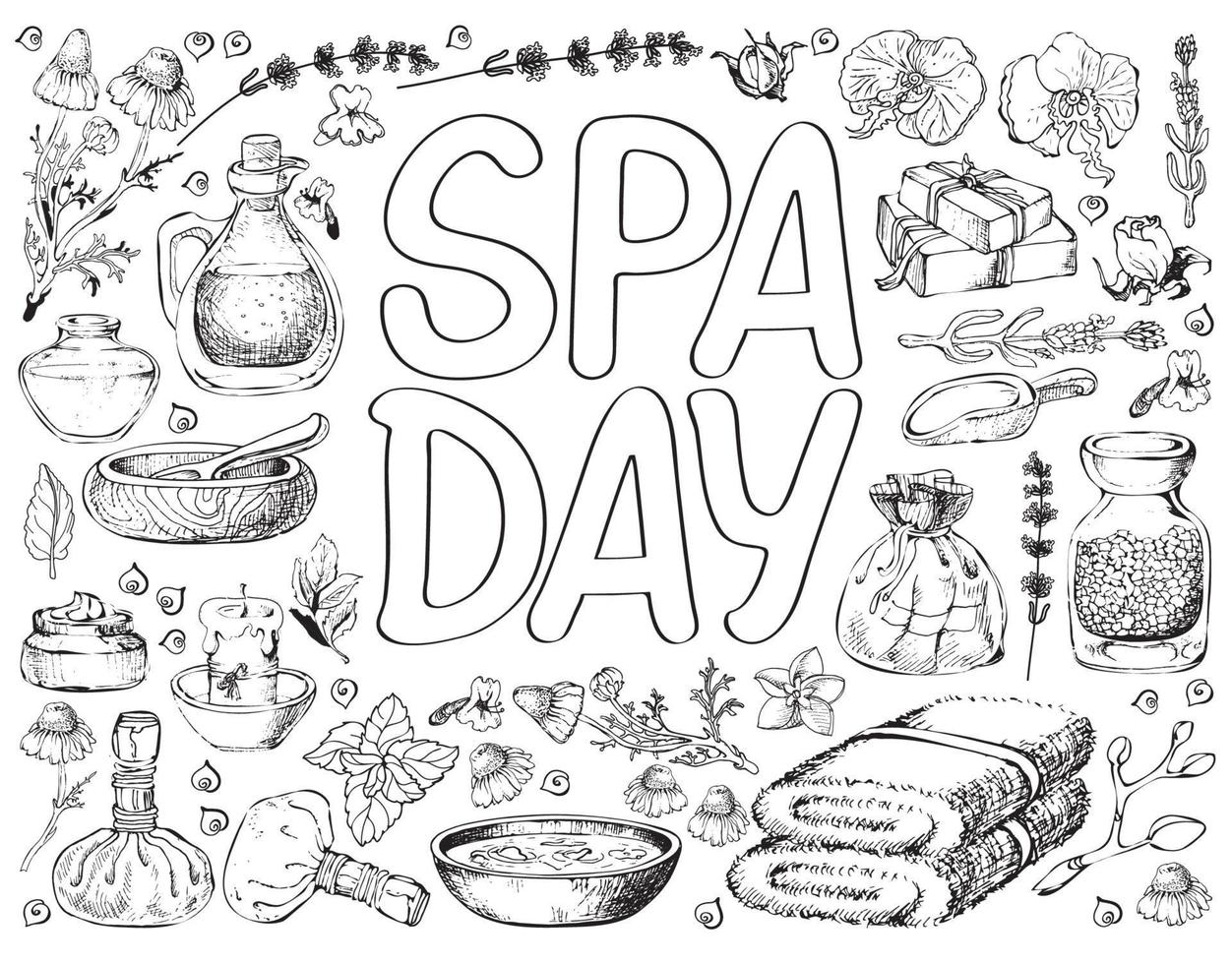Coloring Page with spa care elements. Vector line art illustration.