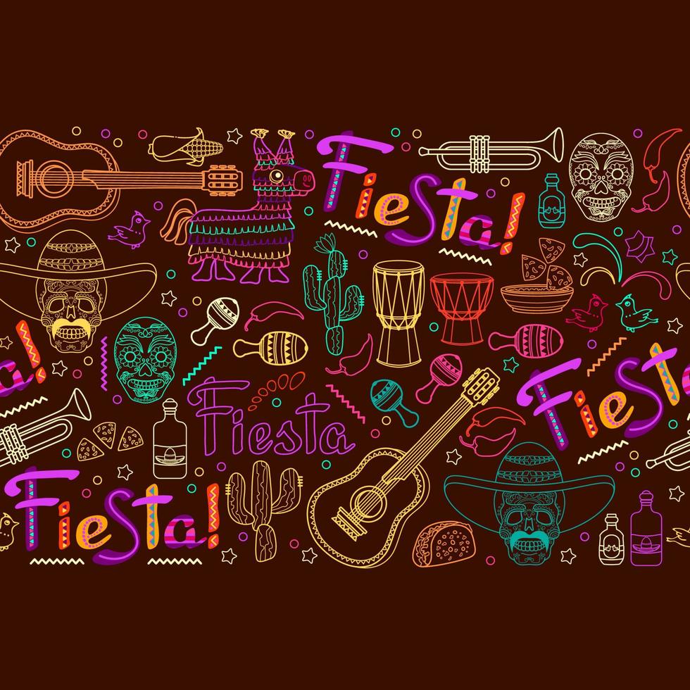 Fiesta seamless pattern. Mexican colorful outline symbols on brown. Vector. vector