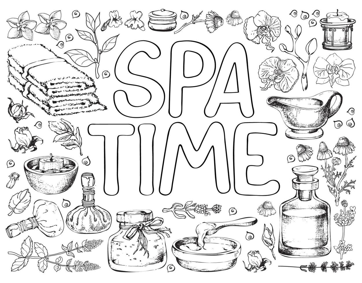 Coloring Page with spa care elements. Vector line art illustration.