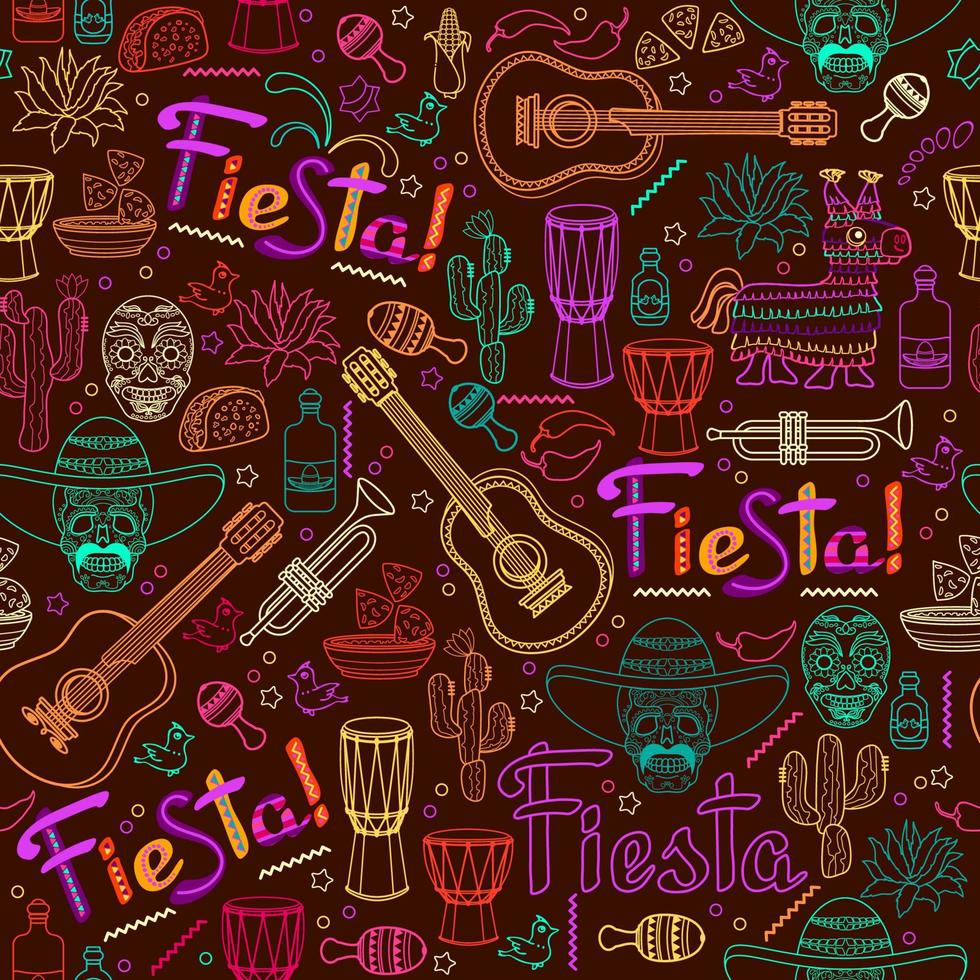 Fiesta seamless pattern. Mexican colorful outline symbols on brown. Vector. vector