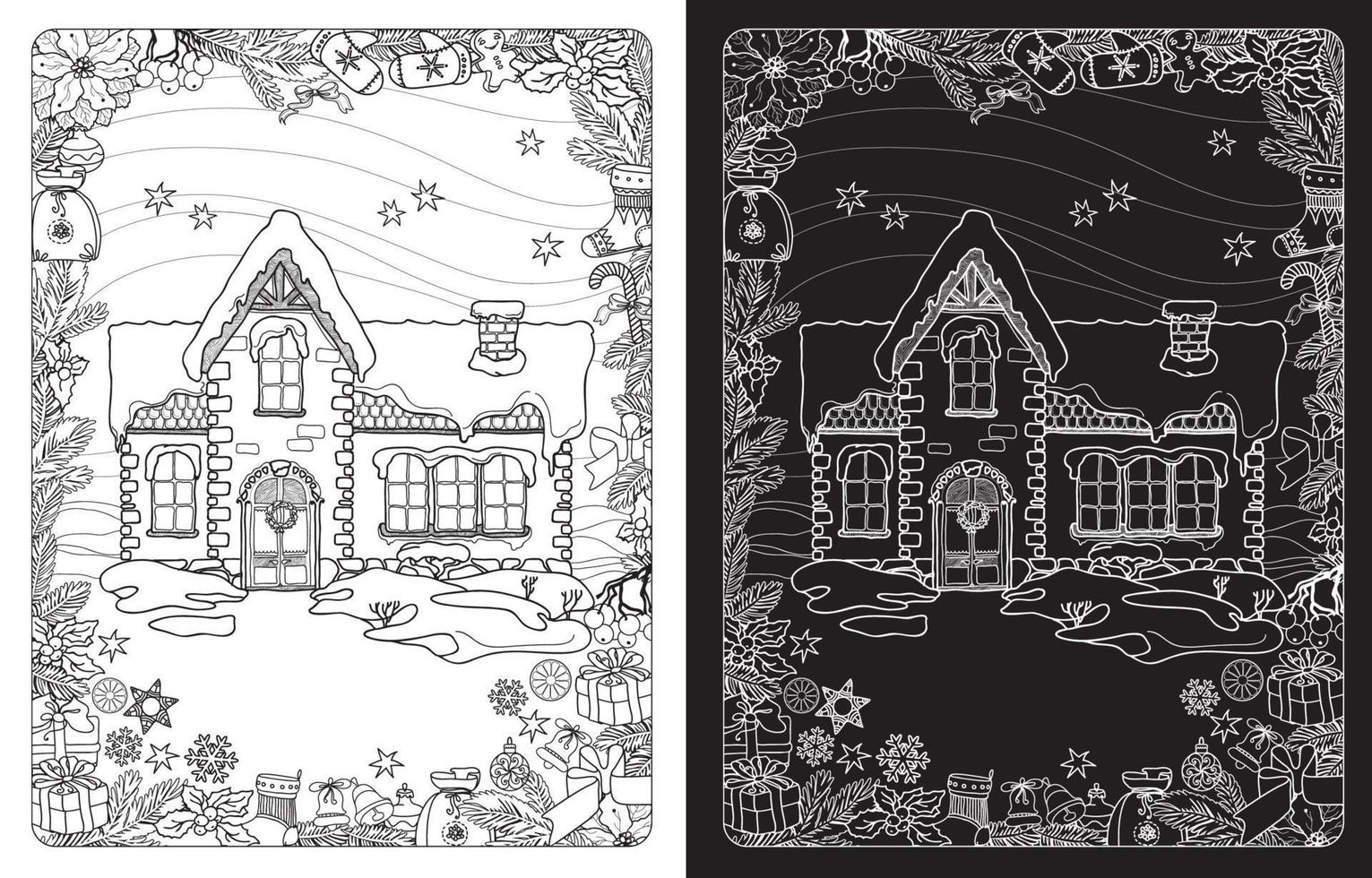 página para colorear con casa de invierno. divertidos símbolos navideños. ilustración vectorial vector