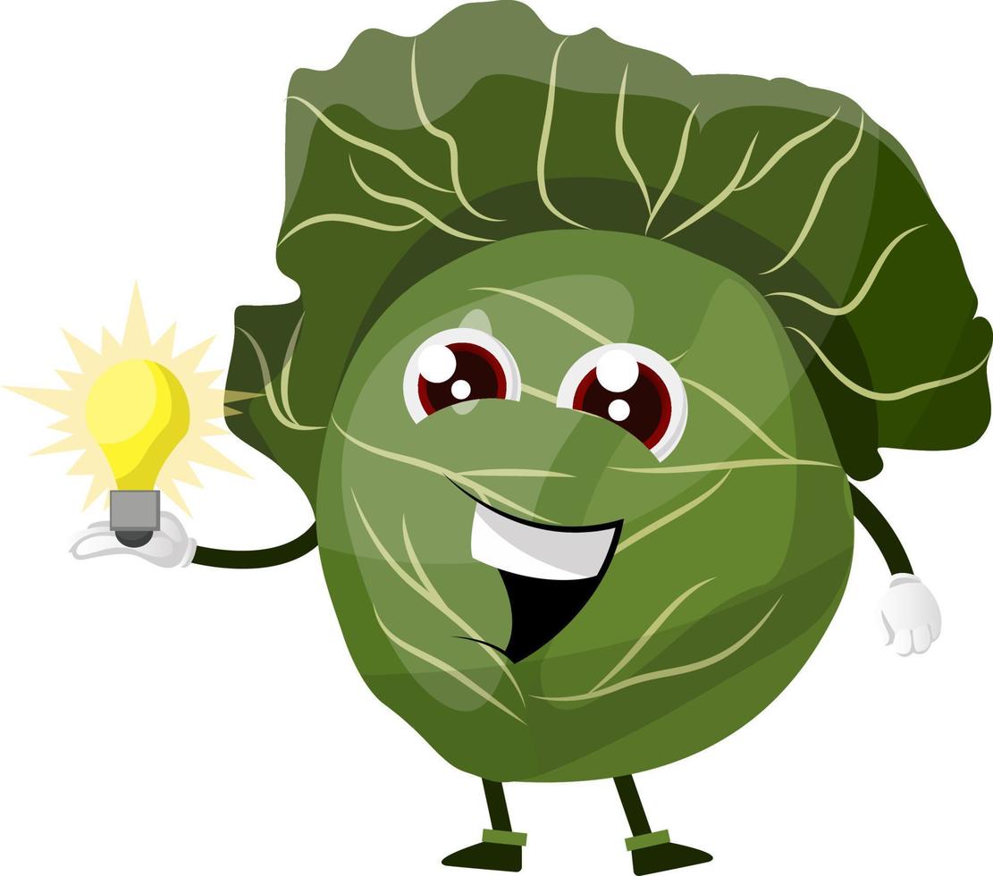 Cabbage is holding a light bulb, illustration, vector on white background.