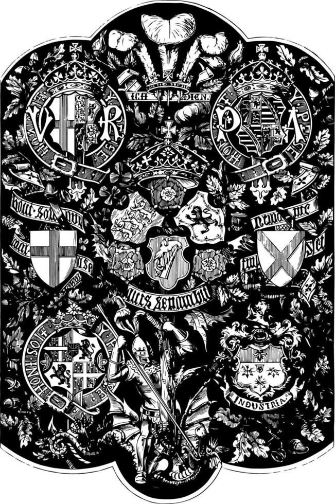 Tapestry has heraldic patterns, this  is a form of textile art, vintage engraving. vector