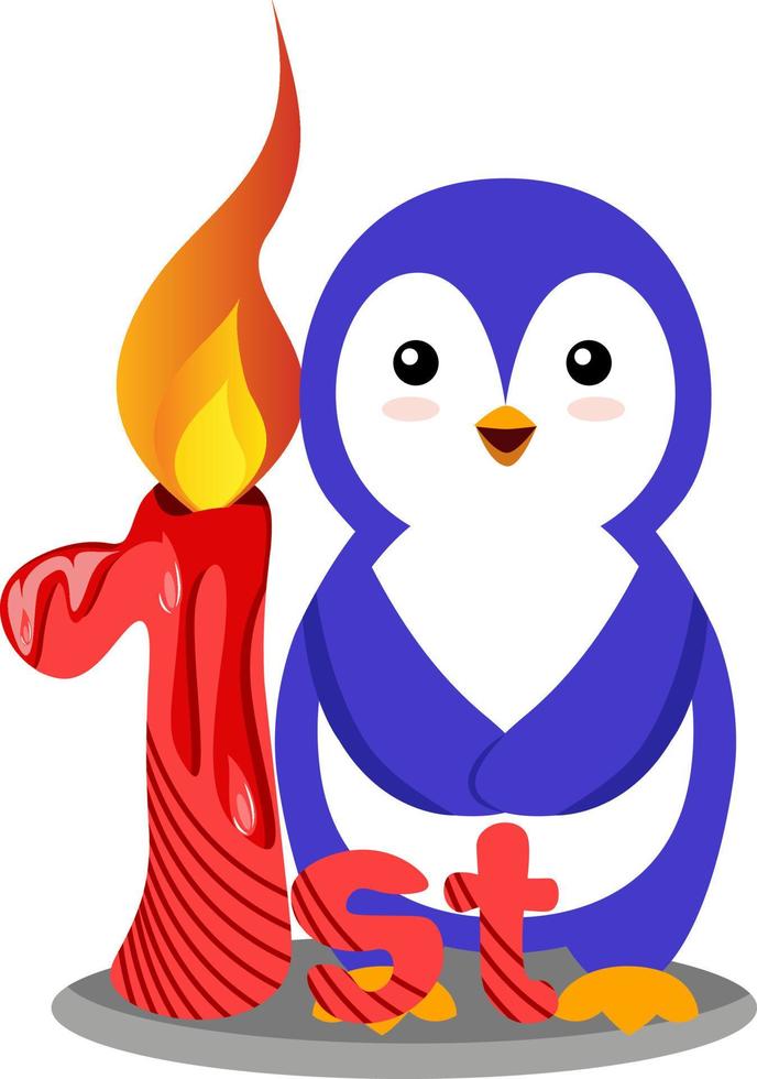 Penguin primer cumpleaños, ilustración, vector sobre fondo blanco.
