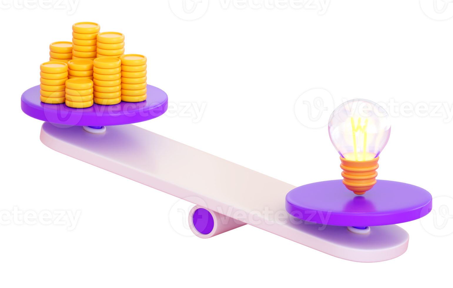 icono de escala 3d con pila de monedas y bombilla de luz. peso, comparación, dinero seguro, intercambio, idea, gestión y concepto de inversión. renderizado 3d realista de alta calidad png