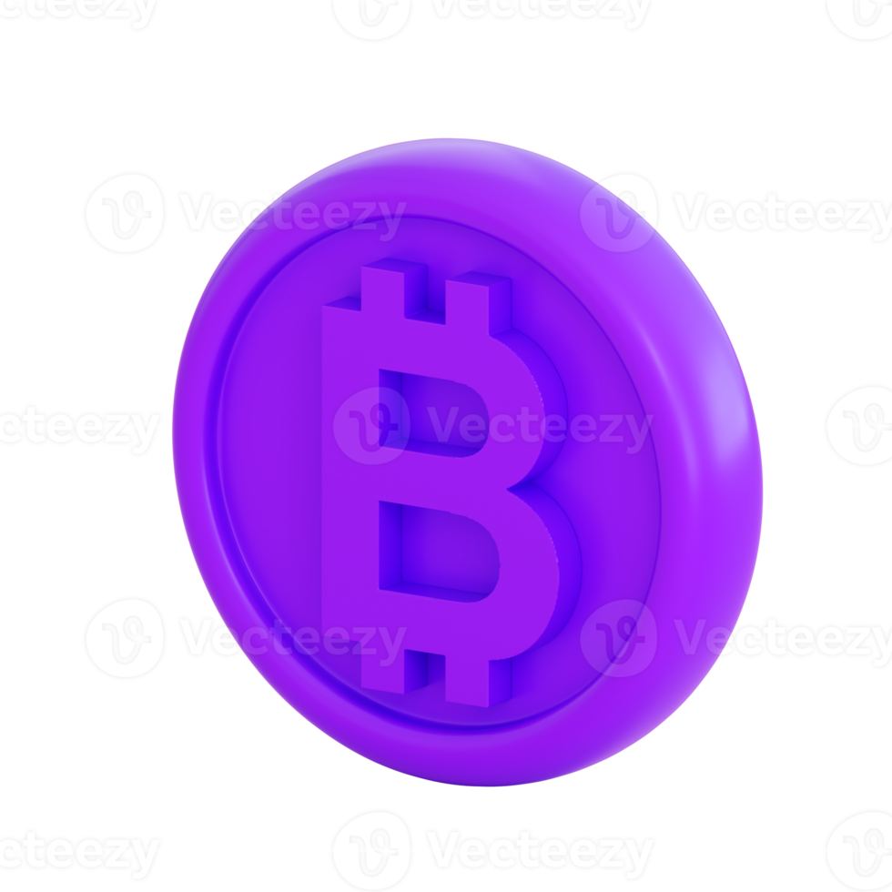 Pièce violette 3d avec signe bitcoin. concept d'investissement, de croissance monétaire, de banque, de paiement, d'entreprise et de finance. rendu 3d réaliste de haute qualité png