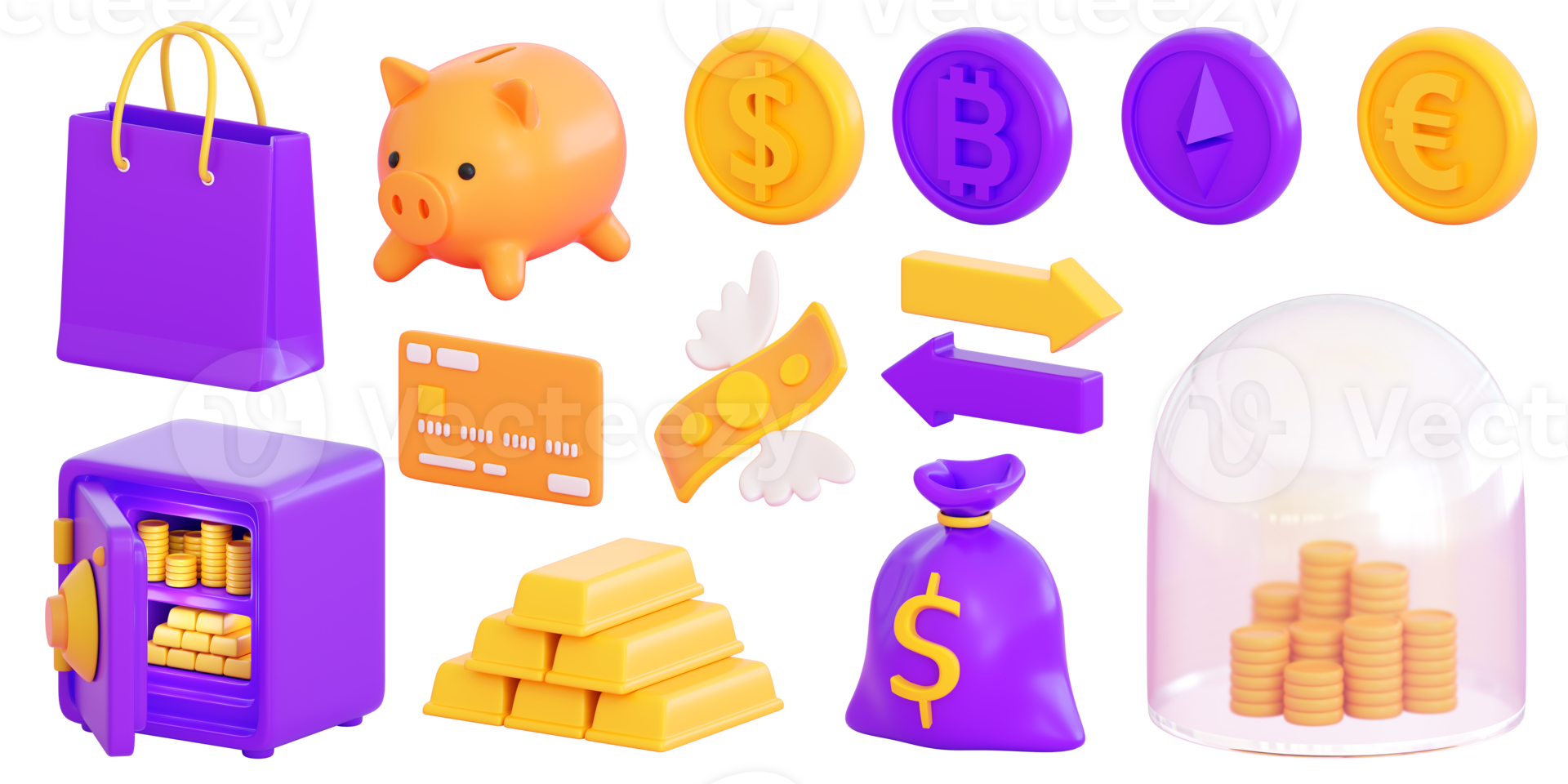 3d finance and business icons set.  Money, stock exchange, business investment, trading and finance concept. Realistic 3d high quality render png