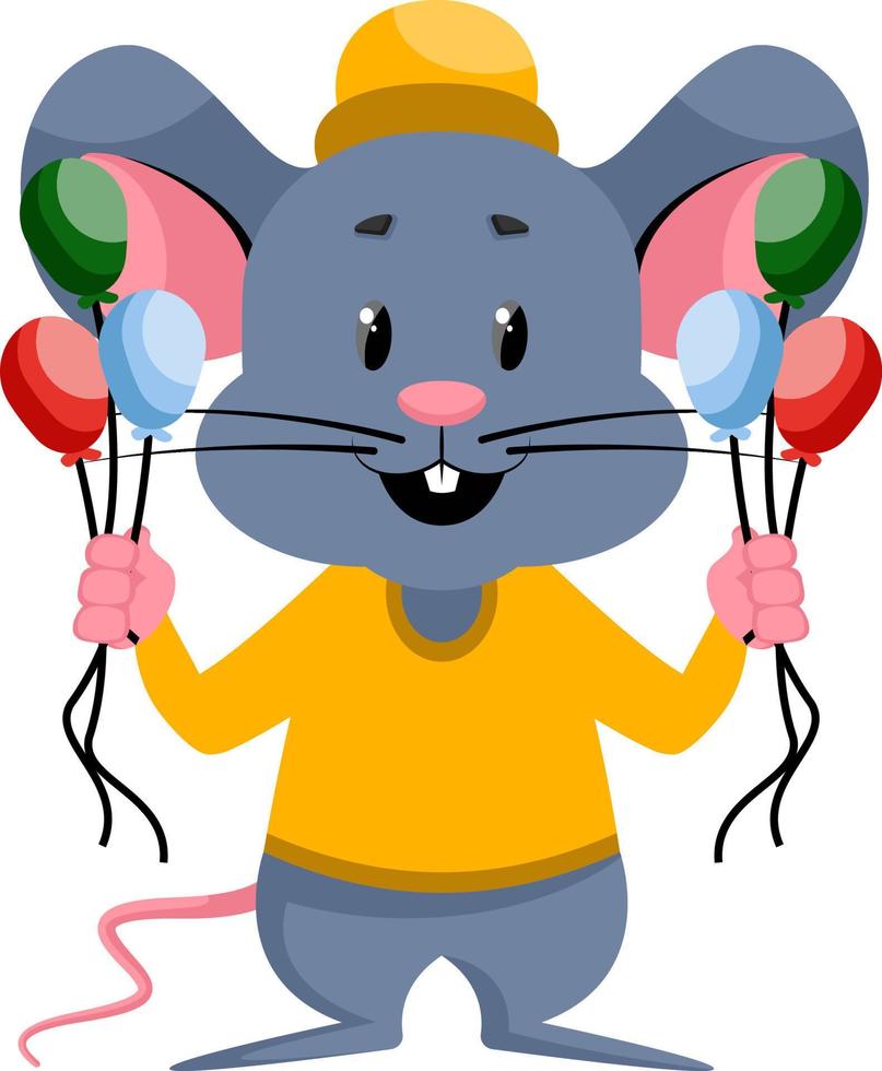 Mouse with balloons, illustration, vector on white background.