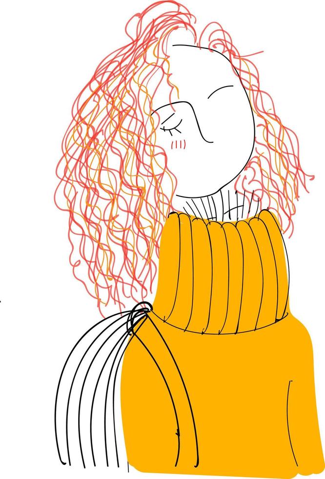 una chica rizada con un suéter naranja, un vector o una ilustración de color.