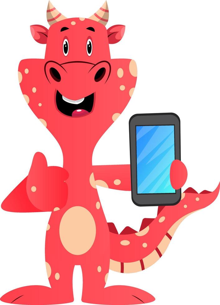 Red dragon is holding mobile phone, illustration, vector on white background.