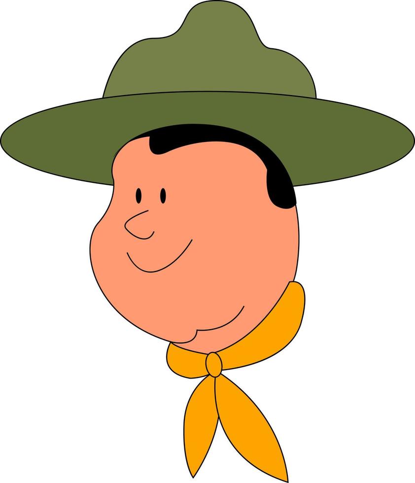 Scout joven con sombrero verde, ilustración, vector sobre fondo blanco.