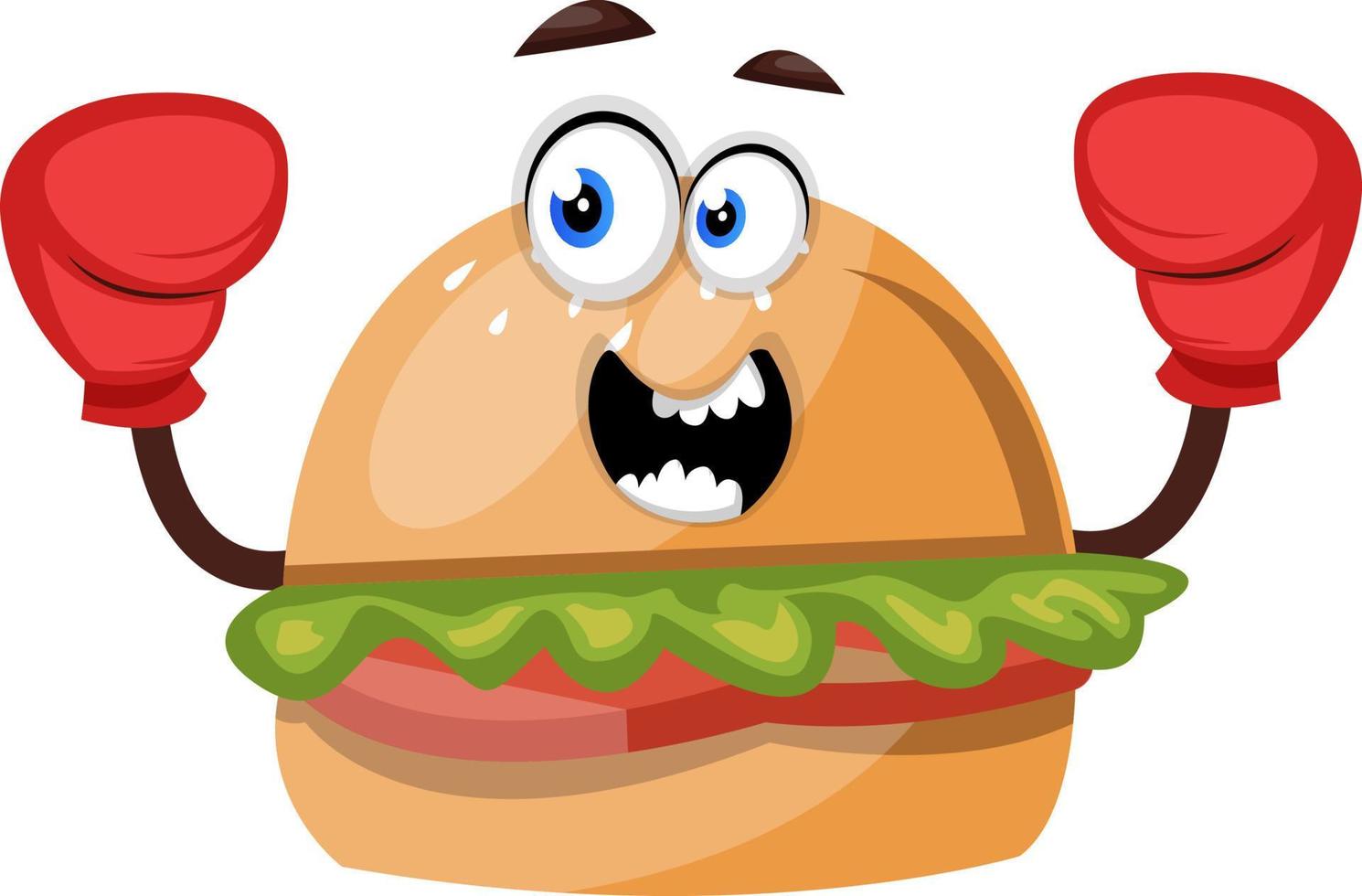 Burger with red gloves, illustration, vector on white background.