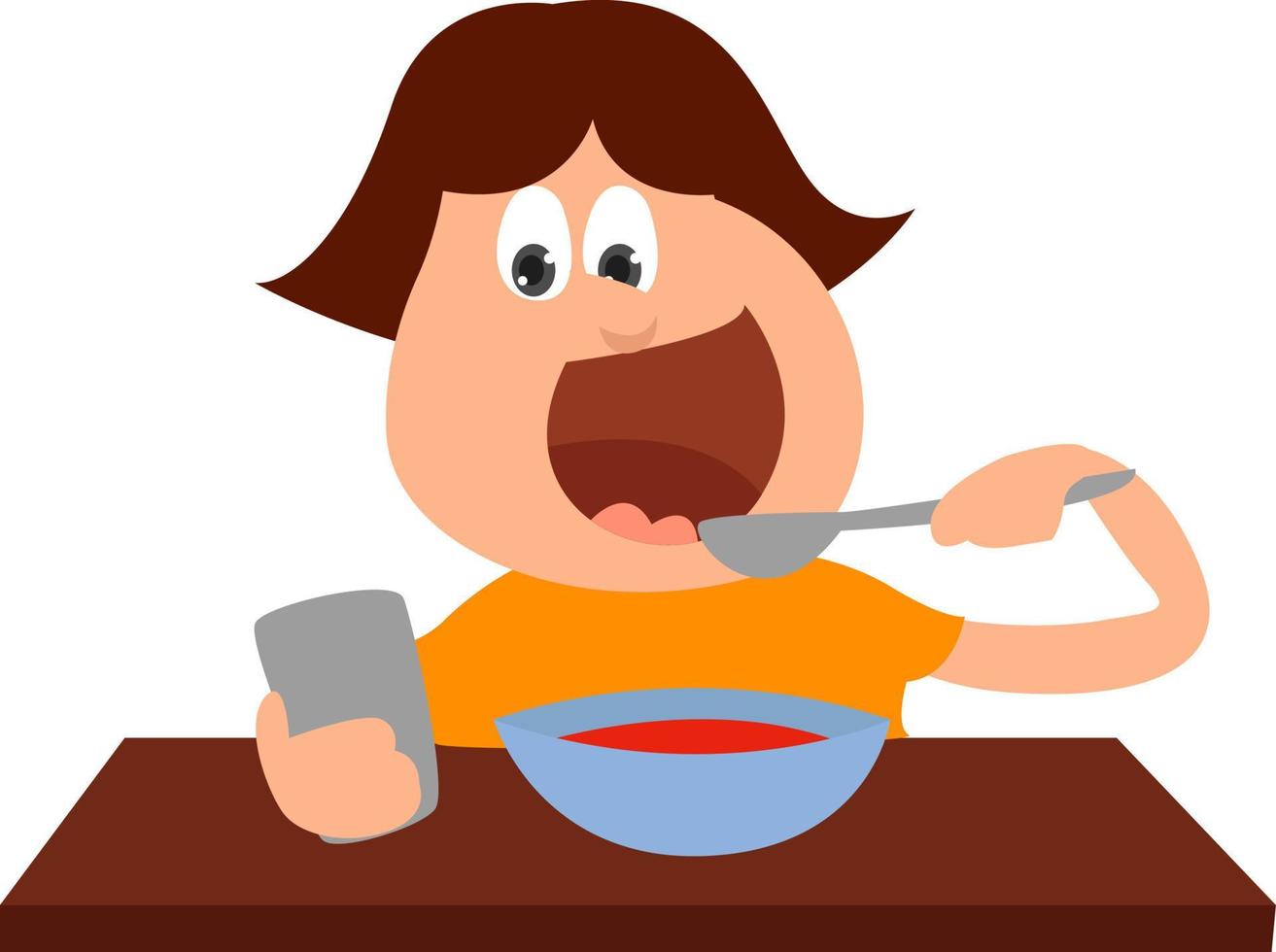 Boy eating lunch, illustration, vector on white background