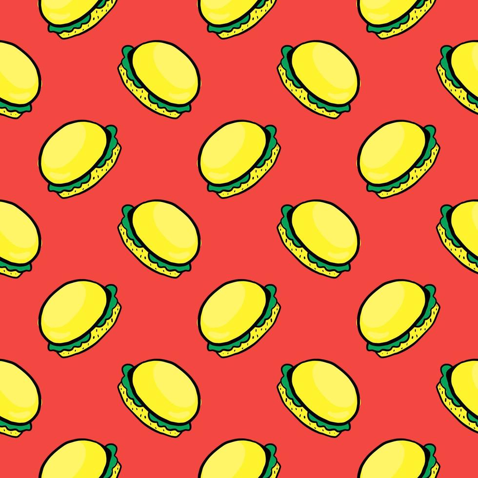 Delicious burger ,seamless pattern on red background. vector