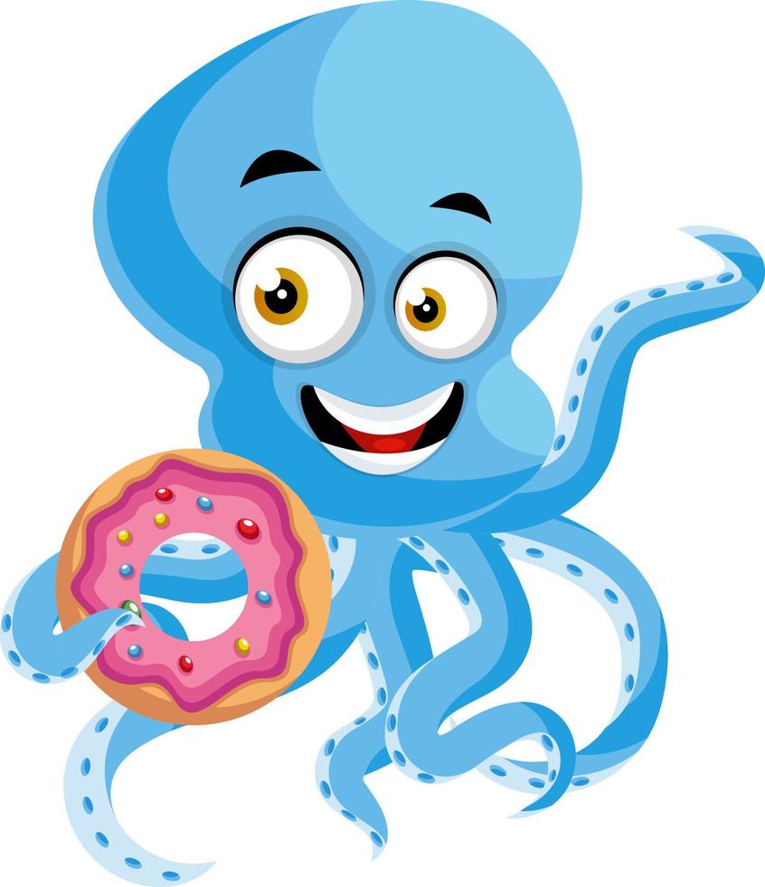 pulpo con donut, ilustración, vector sobre fondo blanco.