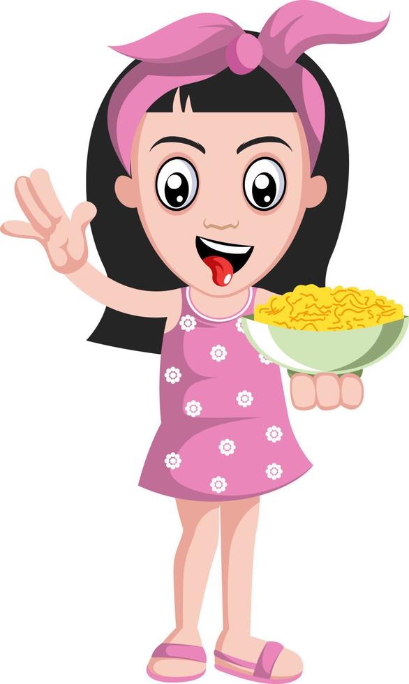 Girl holding snacks, illustration, vector on white background.