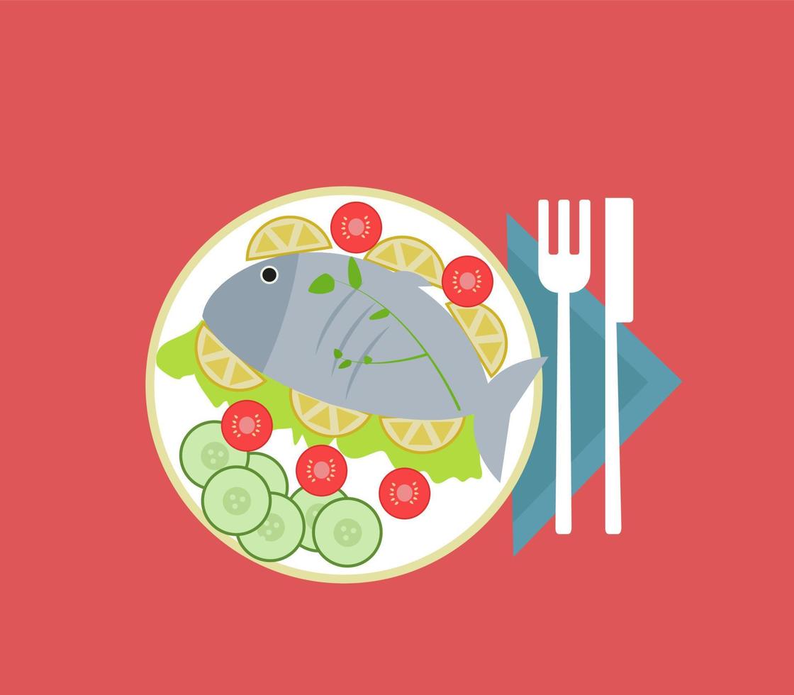 pescado en un plato, ilustración, vector sobre fondo blanco.
