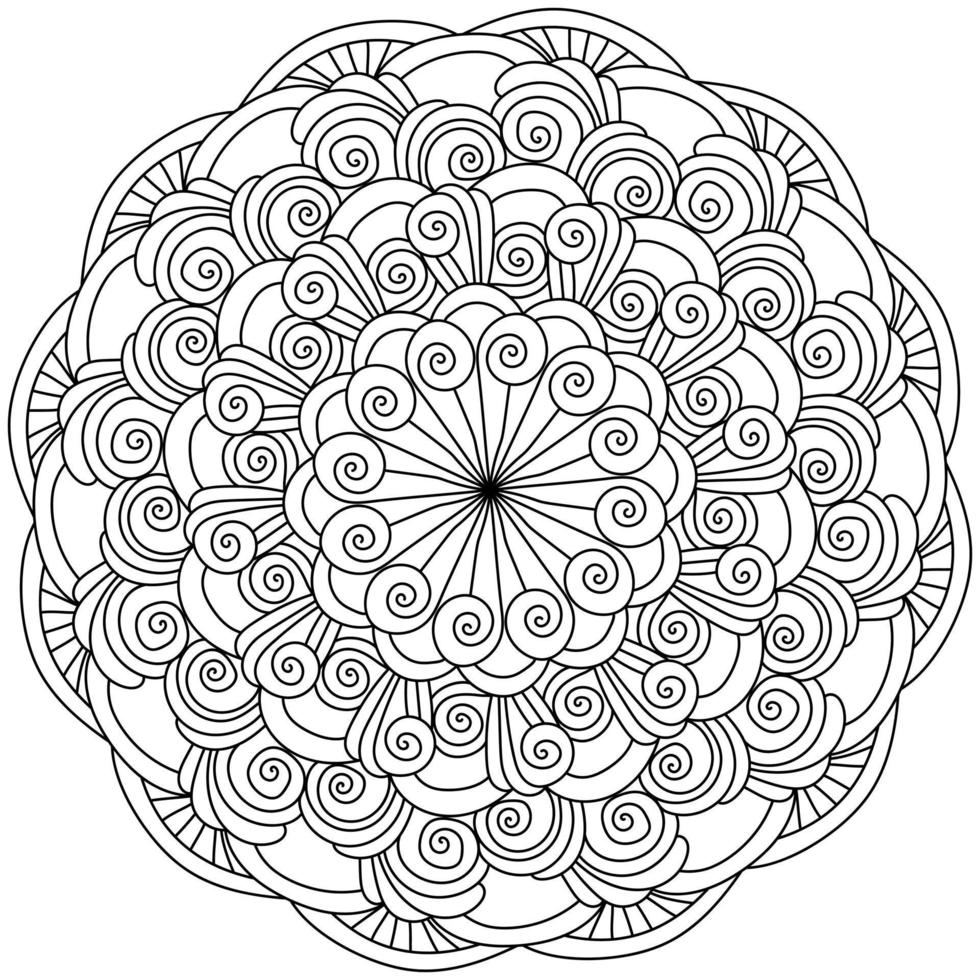 Mandala with many spiral curls and flowing lines, zen coloring