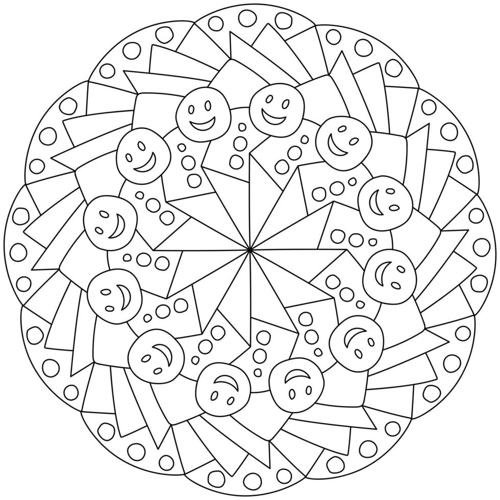 Outline mandala with emoticons and bunches of petals, coloring page with simple patterns vector