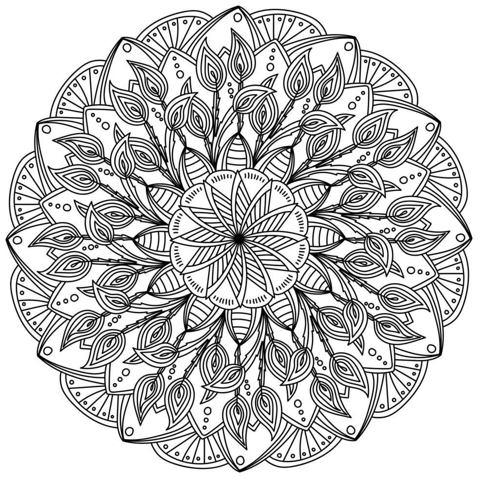 intrincado mandala con patrones de rayas y plumas de pavo real, página para colorear con motivos ornamentados vector