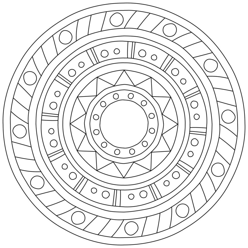 Simple contour mandala in with geometric shapes, coloring page in the form of a circle with simple patterns vector