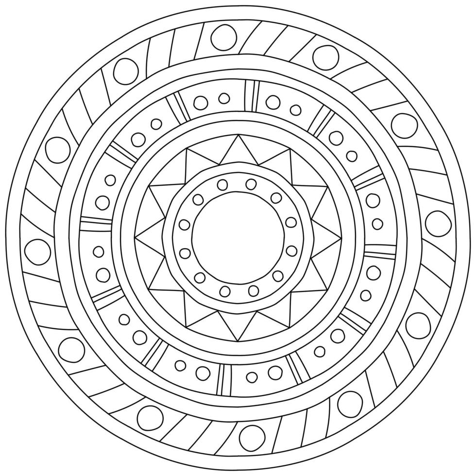 mandala de contorno simple con formas geométricas, página para colorear en forma de círculo con patrones simples vector