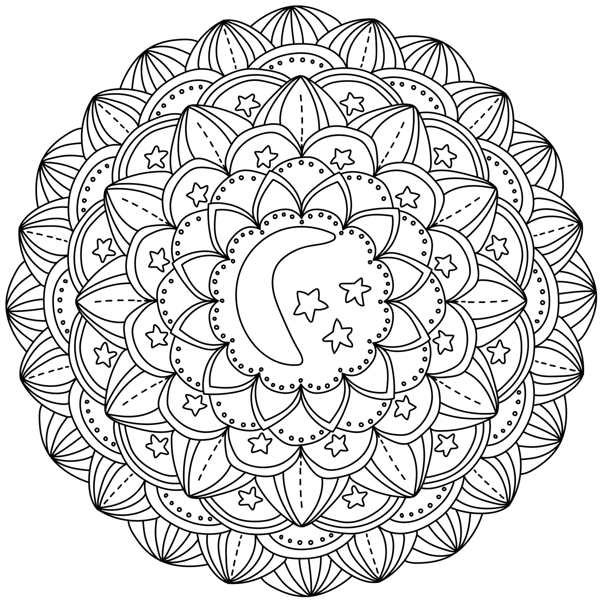 Mandala with moon and stars, coloring page with petals and star motifs