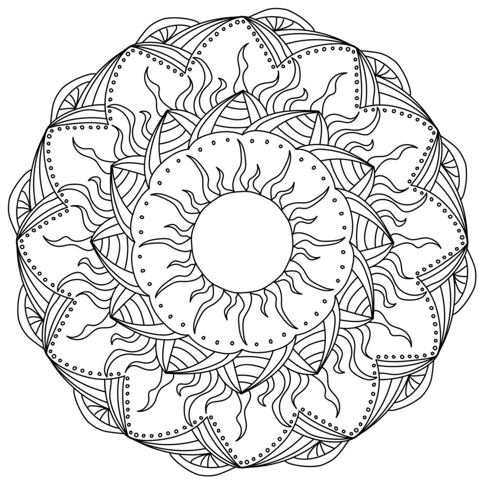 Mandala with sun, sunny coloring page with ornate patterns and rays vector