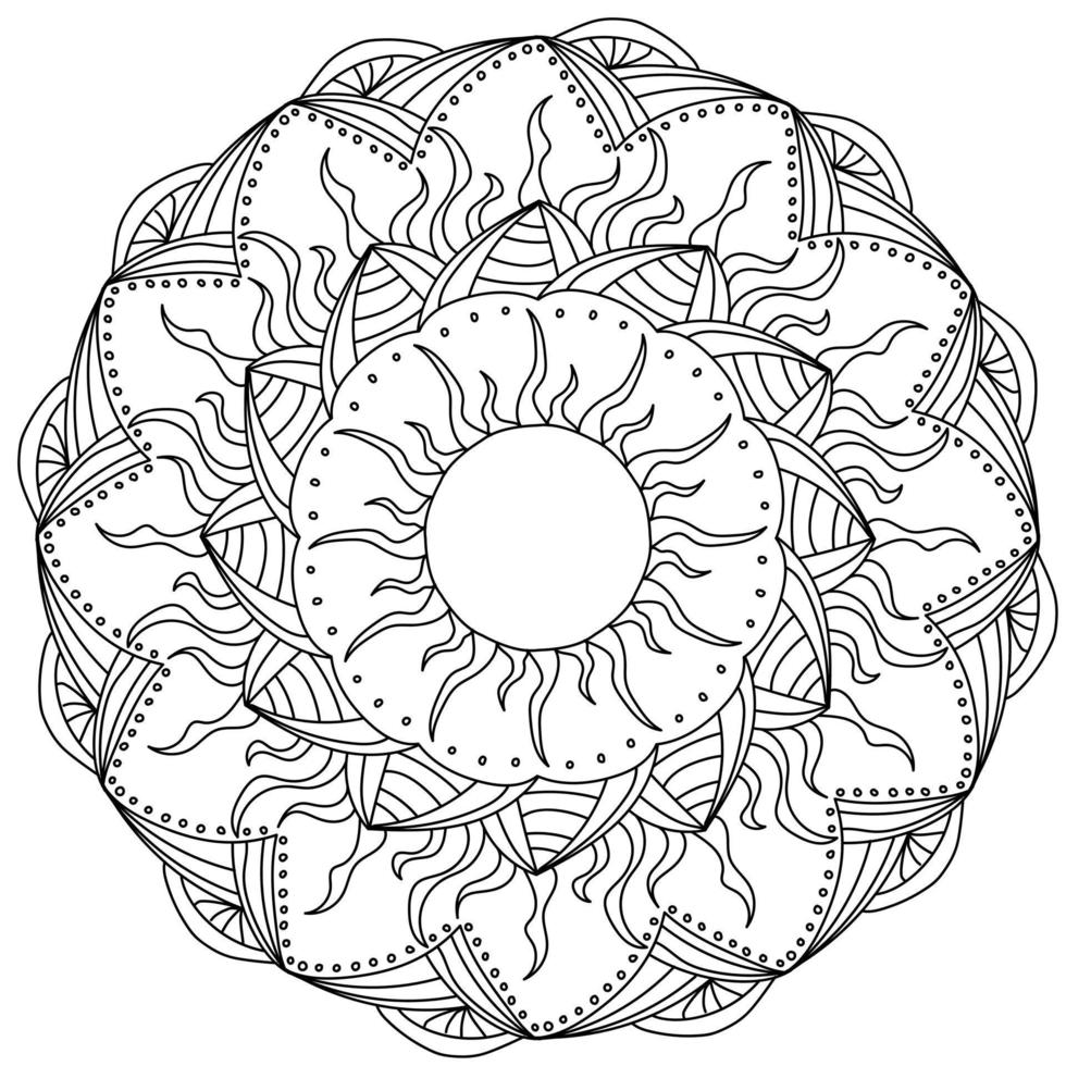 mandala con sol, página soleada para colorear con patrones ornamentados y rayos vector