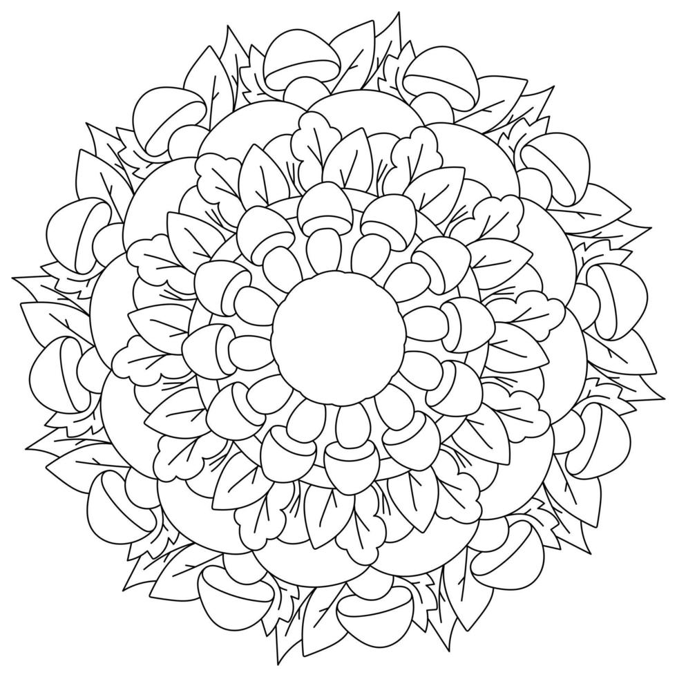 Simple outline mandala with mushrooms and leaves coloring page on forest theme vector
