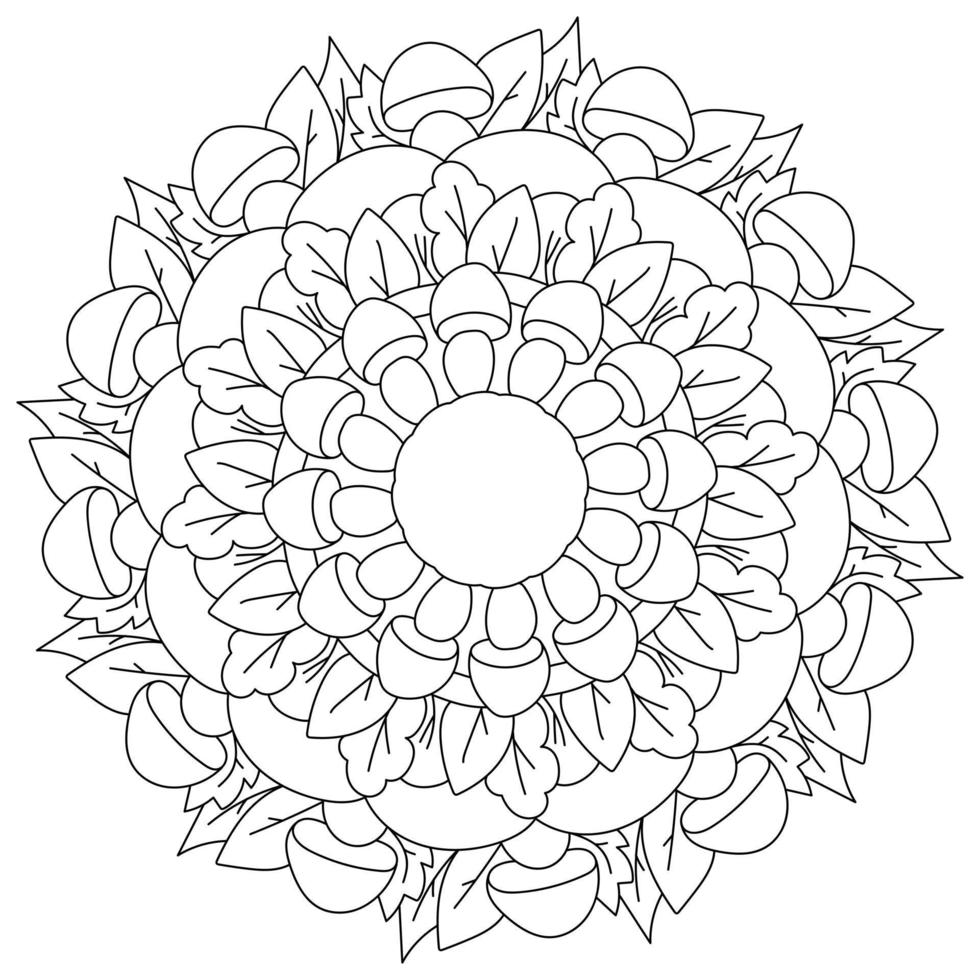 Simple outline mandala with mushrooms and leaves coloring page on forest theme vector