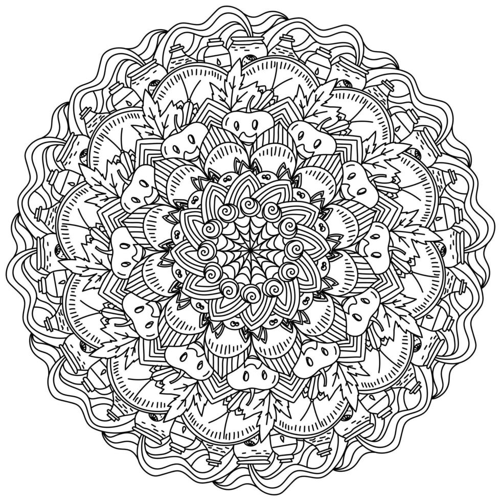 Contour mandala for Halloween, coloring page with holiday symbols vector