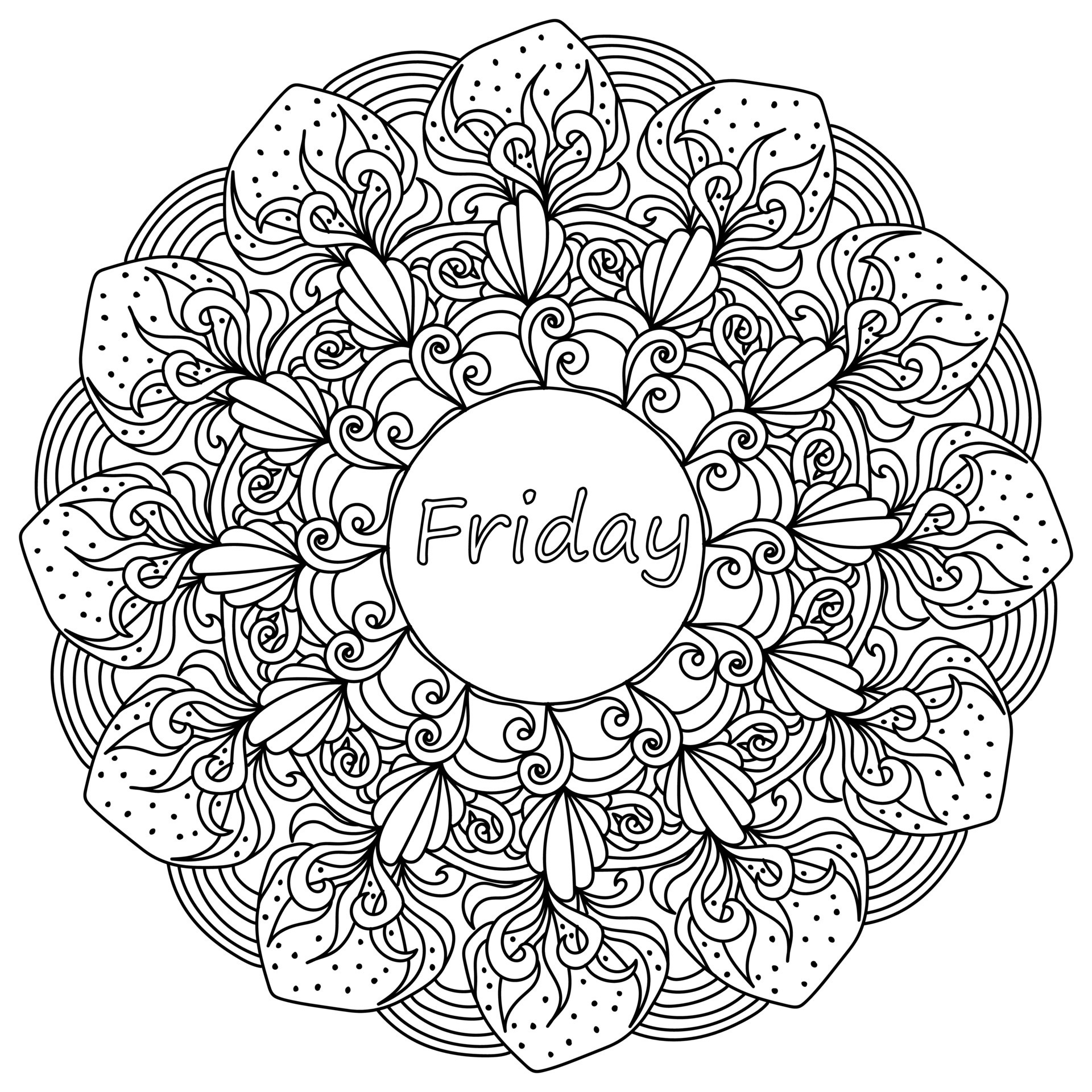 Mandala with Friday lettering in the center, meditative coloring page