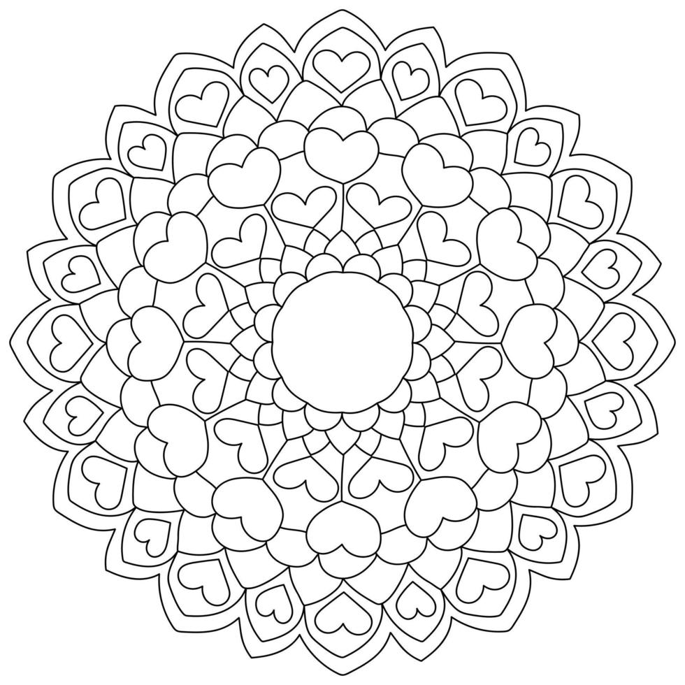 Contour mandala with hearts, simple valentine's day coloring page vector