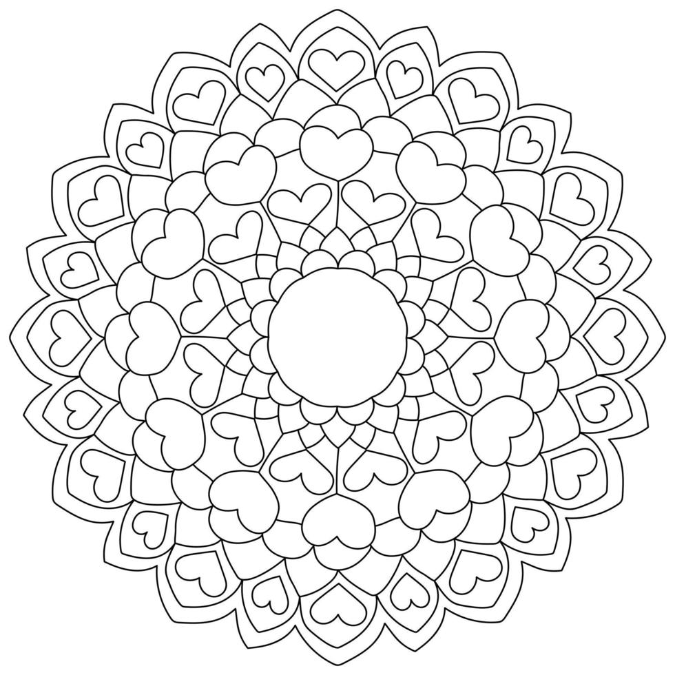 mandala de contorno con corazones, simple página para colorear del día de san valentín vector