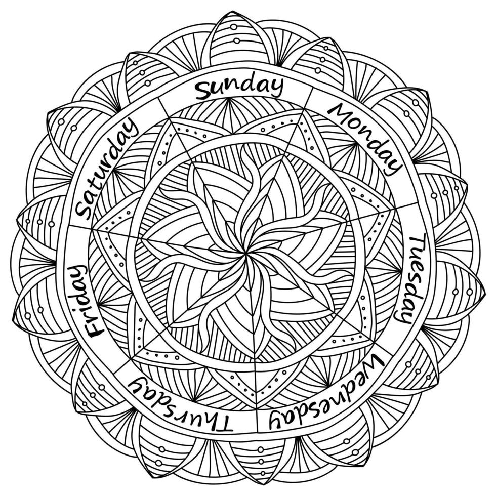 Seven-section mandala with days of the week, Meditative coloring page with day names and fantasy patterns vector