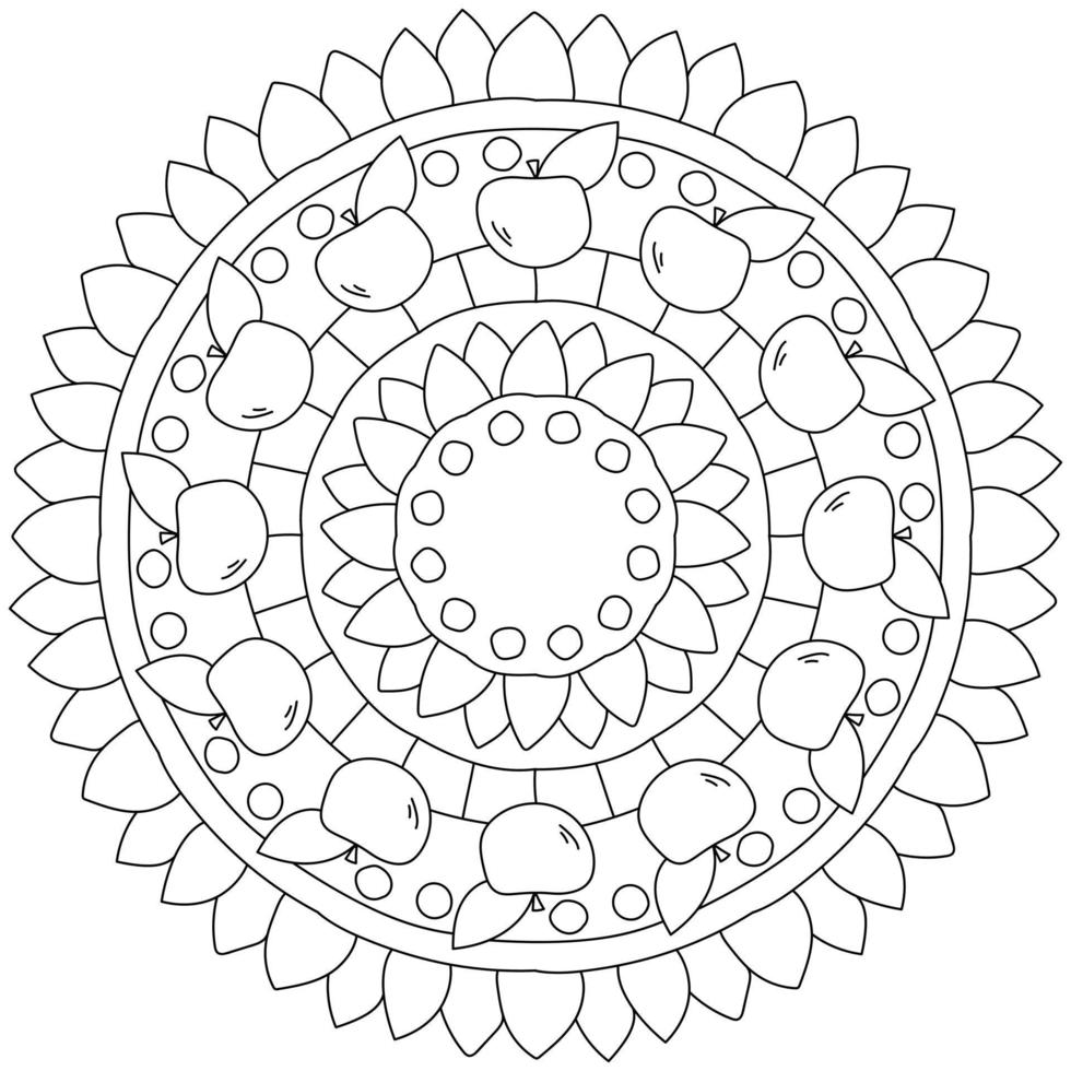 Simple mandala with fruits and patterns, coloring page with apples and petals vector