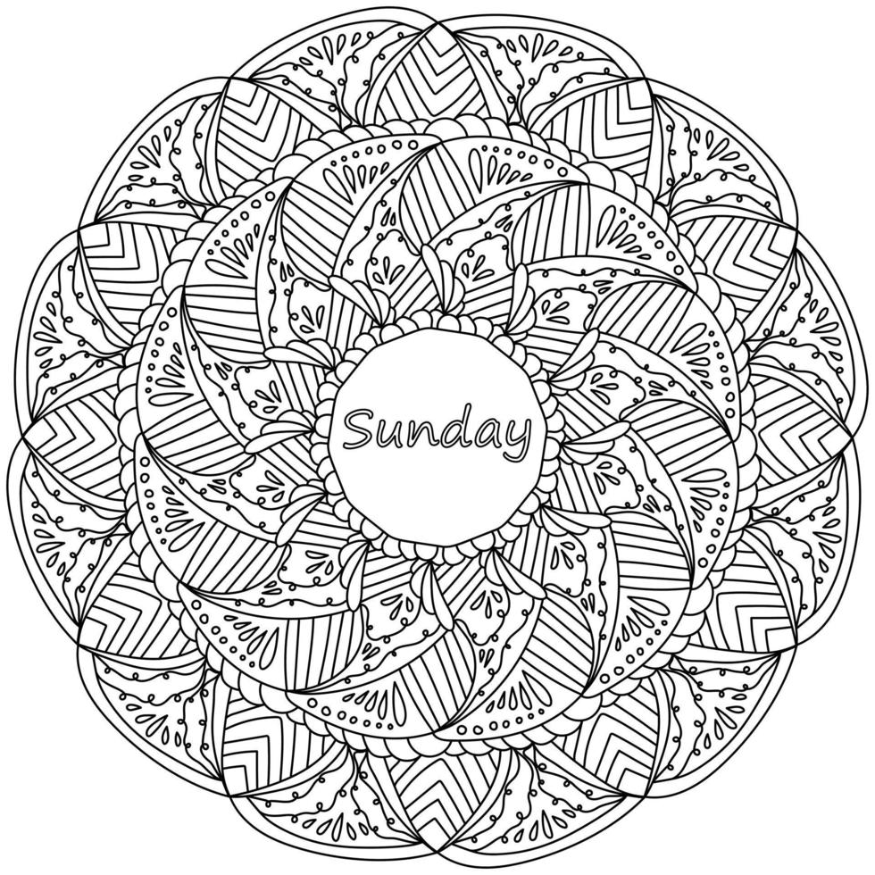 Mandala with inscription Sunday in the center, meditative coloring page with striped petals and loops vector