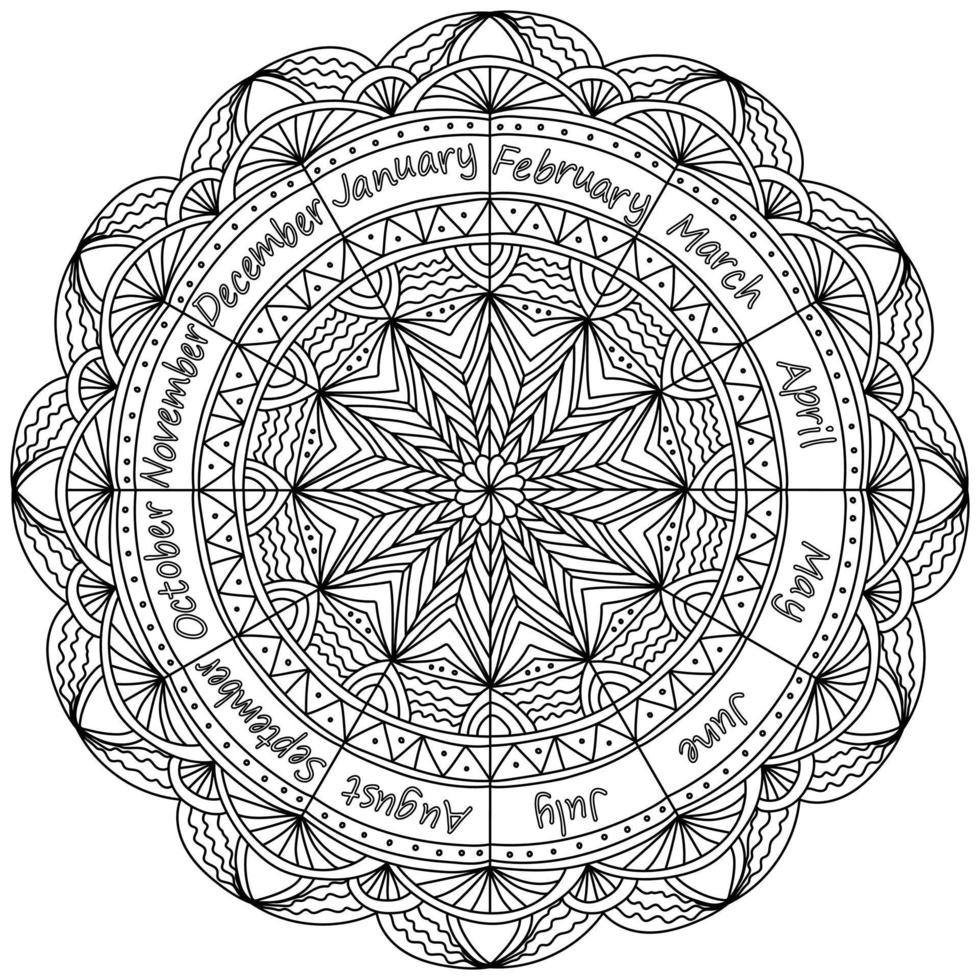 mandala de contorno meses del año, página de coloración meditativa con elementos ornamentados vector